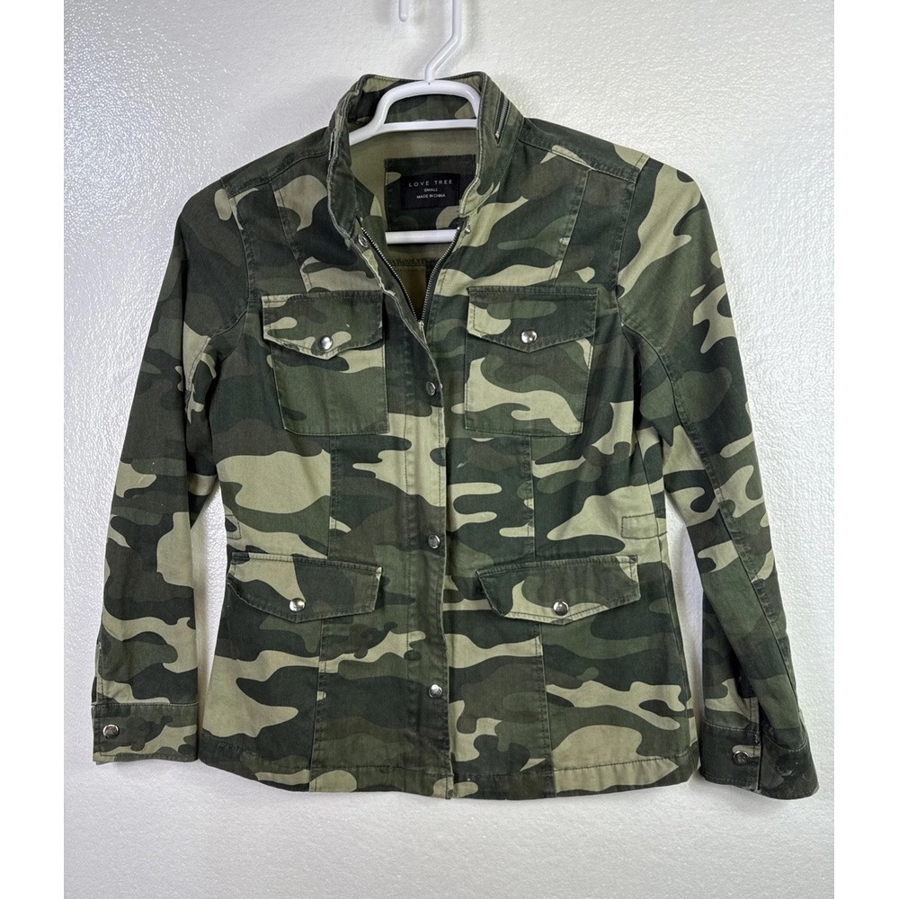Love Tree Canvas Camo Jacket Womens Sz S  Full Zip Snap Long Sleeve Shacket Army